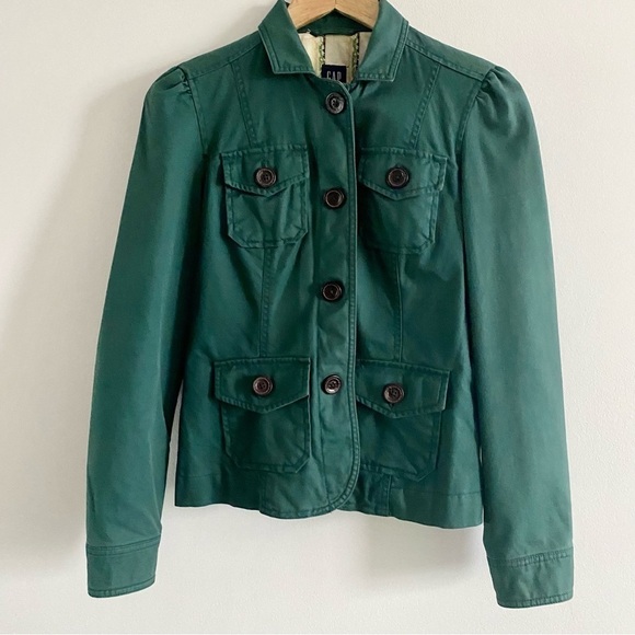 Gap Green Cavas Fitted Button Short Jacket Puff Sleeve Cotton Utility Coat - Picture 1 of 16